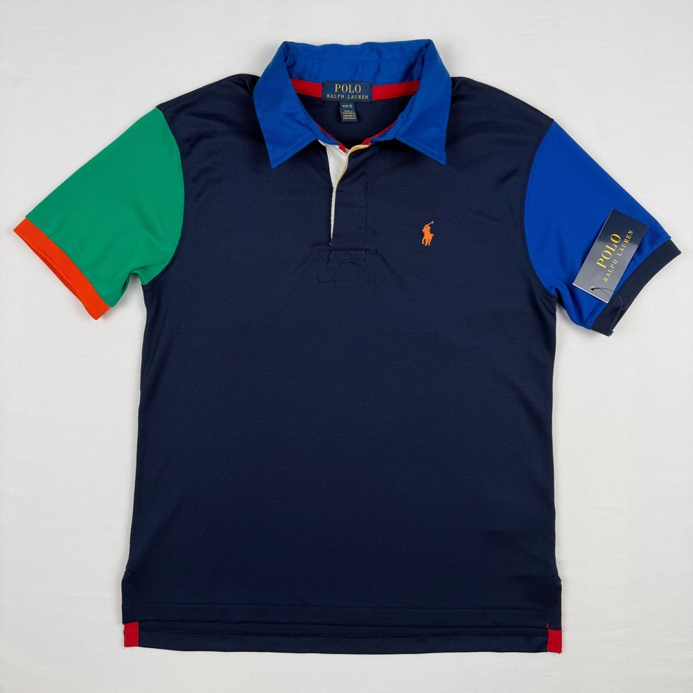 Polo Ralph Lauren Boys Navy Colorblock Performance Polo Shirt Size M 10-12 NWT